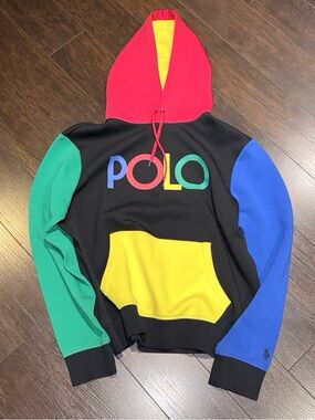 POLO Ralph Lauren Double Knit Tech Fleece Hoodie Mens Size L Color Block Multi